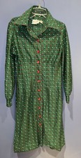 Womens M/L Long Sleeve Button Front Dress Green Polka Print, 1950 s Leslie Fay