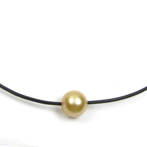 Collar redondo australiano dorado perla del mar del sur de 2 mm con cordón de cuero de 12-13 mm - Imagen 3 de 4