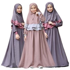 Arab Kids Girl Long Dress Muslim Hijab Islamic Abaya Set Kaftan Caftan Maxi Robe
