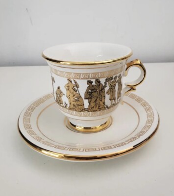 Hand Made in Greece 24K Gold & Weiß Tasse & Untertasse Altgriechische Götter 