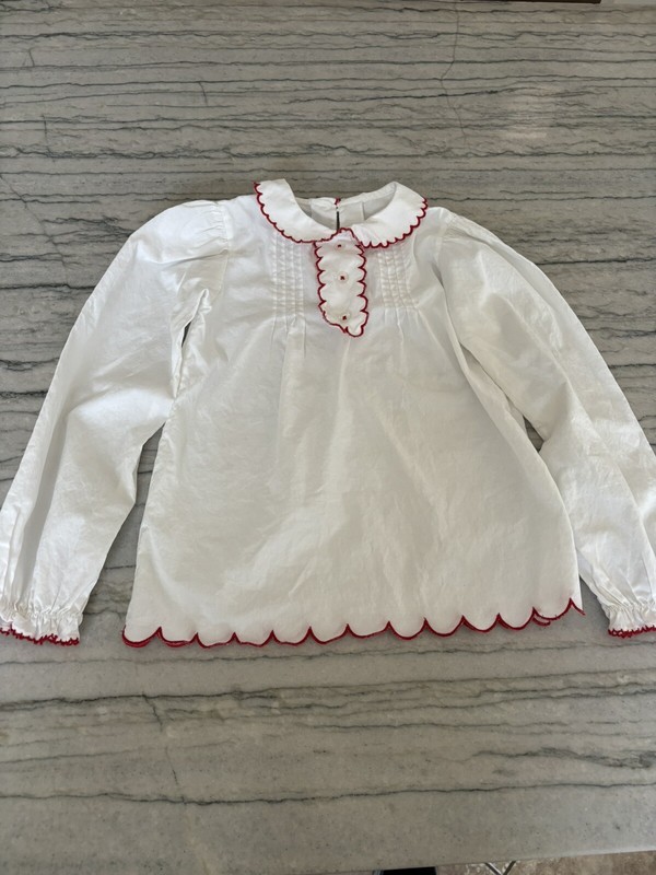 Bella Bliss Girls Scallop Trim Ivory Blouse Shirt with Red Trim Size 7