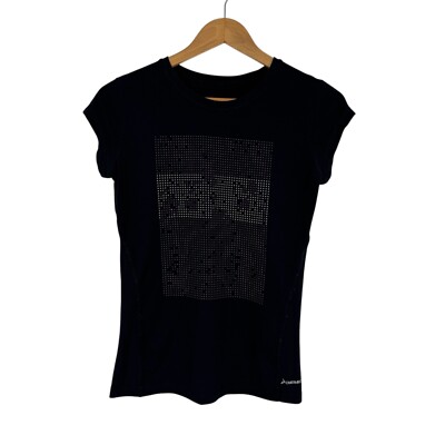 Demix Women s Size Small Black Graphic Print Short Sleeve Athletic Tee Shirt