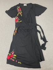 ASOS Wrap Floral  Black short Sleeve Dress US 4 embroidered roses