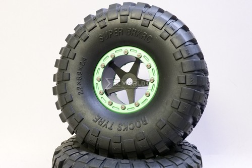 RC Truck Wheels 2.2 ALUMINUM Beadlock 5 Star RIMS + TIRES 150MM -BLACK W/ GREEN- - Picture 4 of 17