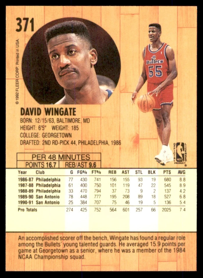 1991-92 FLEER DAVID WINGATE WASHINGTON BULLETS #371 - Image 2 of 2