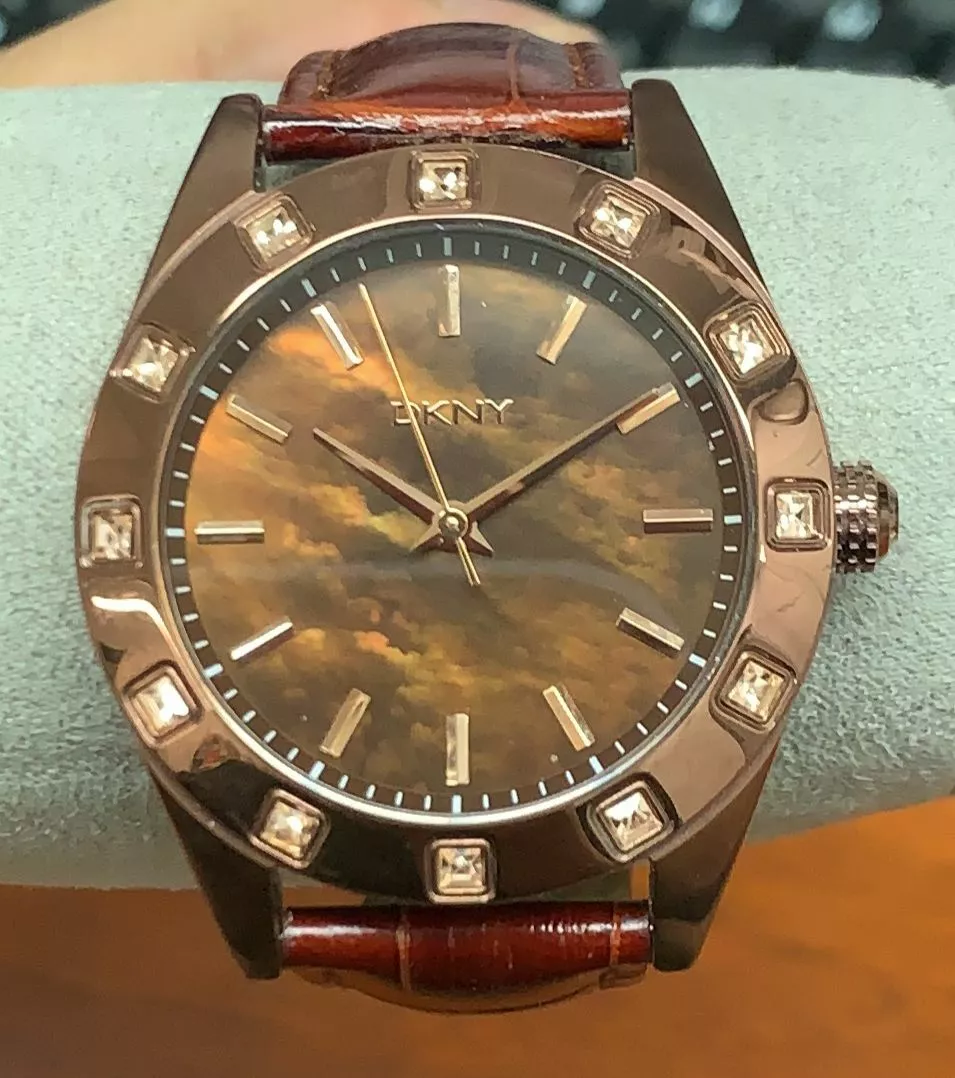 DKNY Women s Brown Glitz Mother Of Pearl Dial Leather Strap Watch NY8663