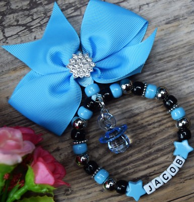 Personalised pram charm with Royal Blue Shiny bow and crystal Crown