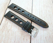 Premium Leather Watch Strap Band Rally Racing 18mm 20mm 22mm 24mm Black Orange