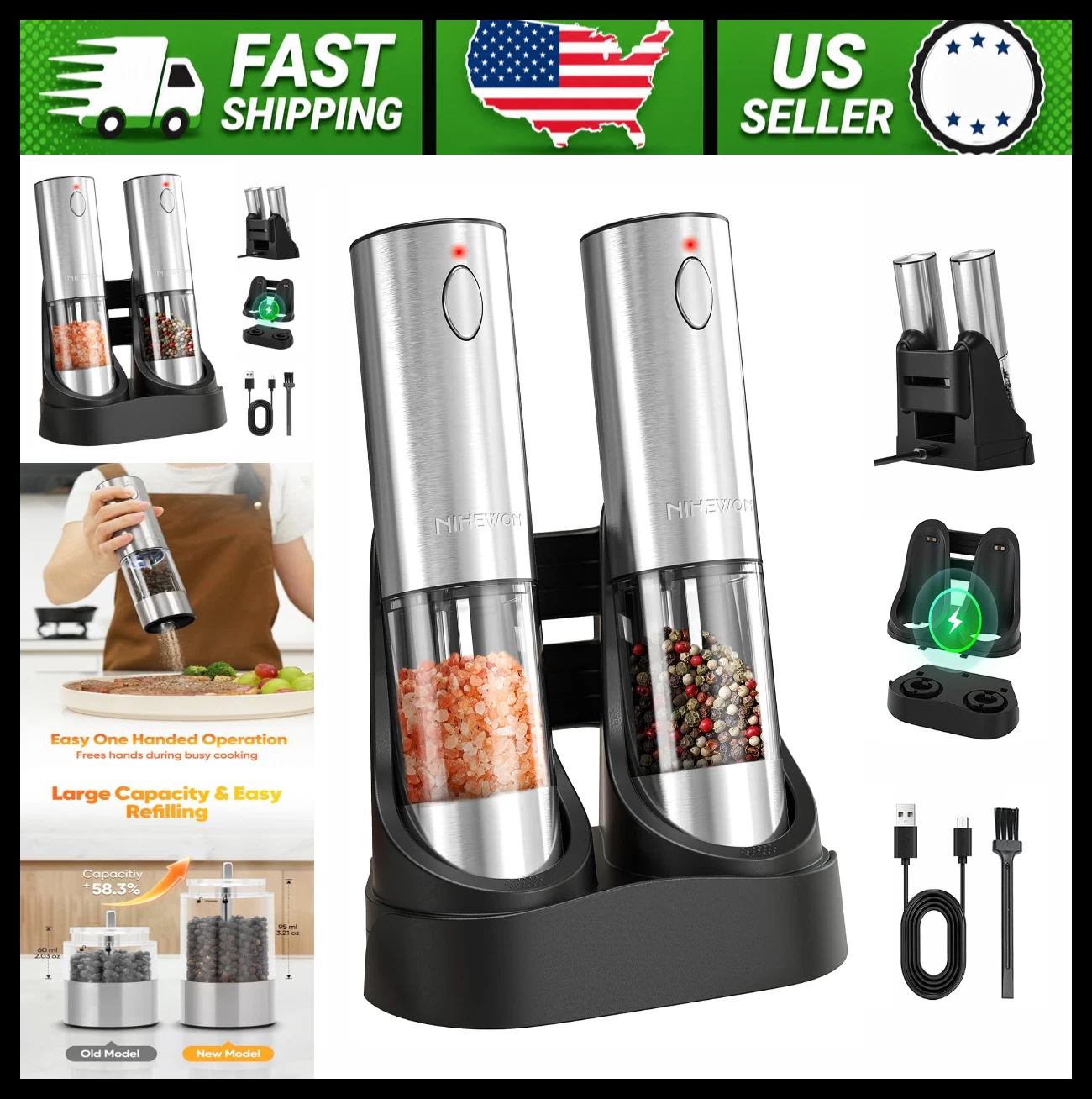 Electric Salt and Pepper Grinder Set Rechargeable LED Light Stainless Steel