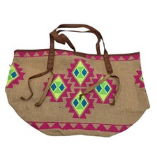 Billabong Jute Aztec Tribal Print Tote Bag Boho Beach Shoulder Bag