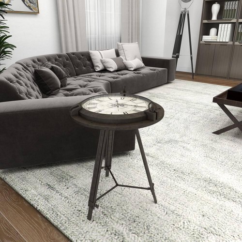 19 in. Black Compass Large Round Glass End Accent Table with Clock and Clear Top - Picture 8 of 12