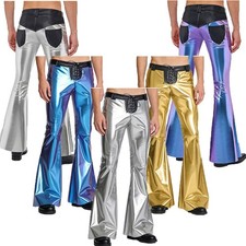 Herren Hose Rave Schlaghosen Bühne Lange Hosen Front Disko Binden Metallisch