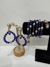 Sign Miriam Haskell Silver Pearl Navy Mellon Glass Beads Earrings Bangle Jewelry