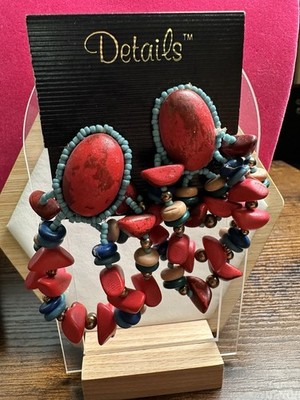 Vintage New Old Stock Boho Clipon Earrings Painted Wood & Seed Beads Red & Blue