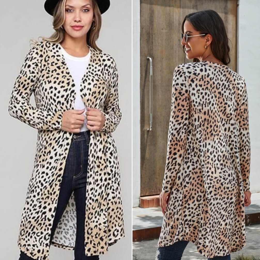 Open Front Midi Brown Tan Leopard Print Kimono Duster Cardigan (Womens 2XL  XXL)