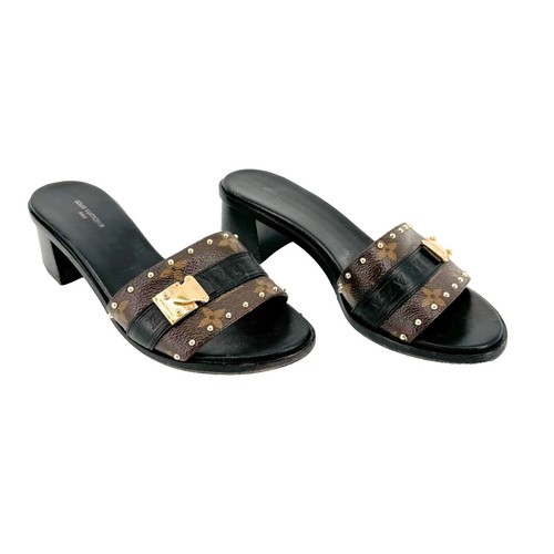 LOUIS VUITTON patent leather Logo Heel Sandals Mules Shoes Women