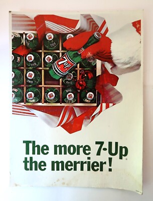 Vtg Christmas Graphic '65 7-UP Soda MORE THE MERRIER Stand-Up Store Ad Sign Rare