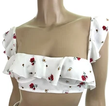 Lioness Size L White Crop Top Ruffle Straps Stretch Back Floral Design Polyester