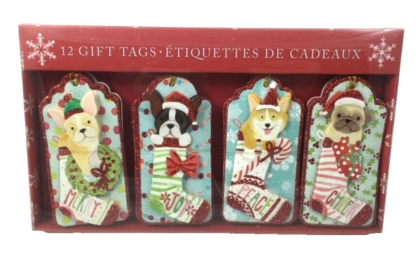 Molly & Rex 12 Etiquetas Regalo Navidad Tres D 4 Adorables Perros Cachorros Rojo Brillo Foto 4 de 4