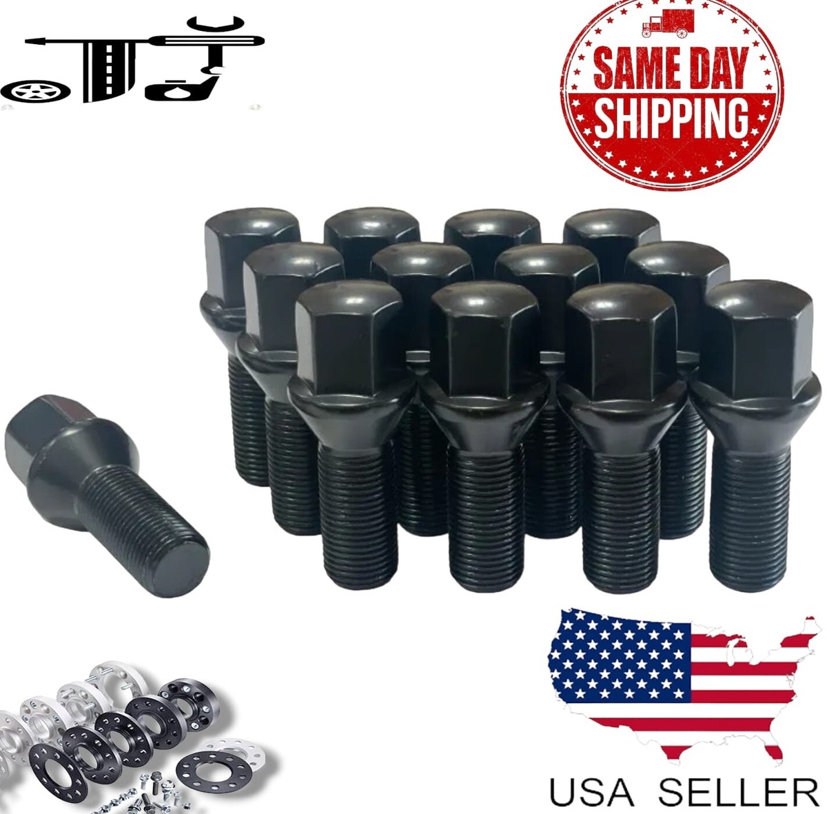 10Pc Black 14x1.5 17mm Hex Wheel Lug Bolt Cone Seat 28mm Shank Fit
