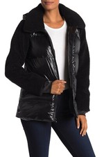 Michael Kors Sherpa-Sleeve Hooded Quilted Mixed Media Jacket Puffer Coat L Black