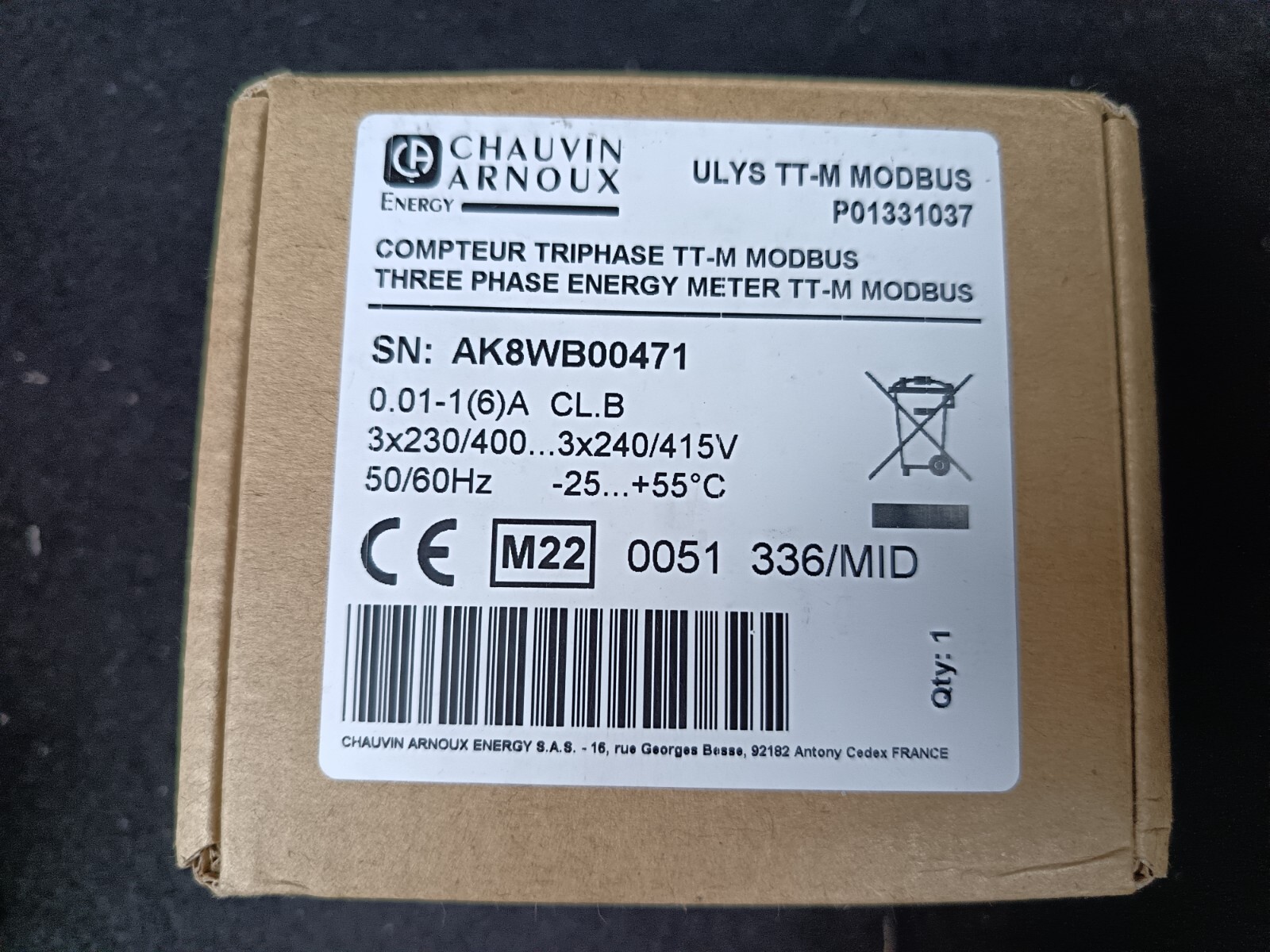Compteur triphasé ULYS TT-M Chauvin Arnoux Modbus P01331037 pour armoire électrique