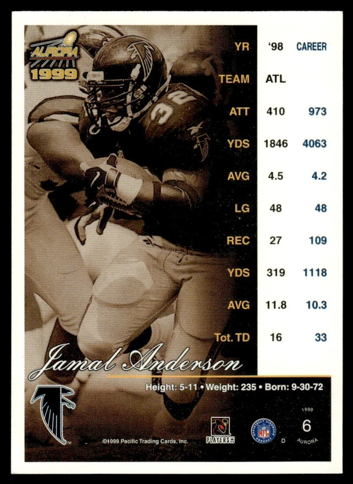 1999 PACIFIC AURORA PREMIERE DATE JAMAL ANDERSON /77 - Image 2 of 2