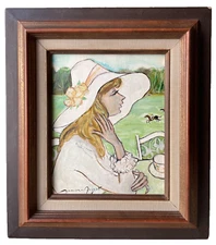 YOUNG LADY IN A WHITE SUN HAT - SIGNED SIMON AUGUSTE - FRENCH OIL PAINTING 1960s