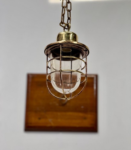 Vintage Old Brass Bulkhead Pendant - Mid-Century Nautical Ceiling Hanging Light - Picture 3 of 11