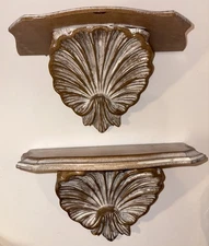 Pair Of Wood Shell Scallop Wall Shelf Sconces 12” Hollywood Regency