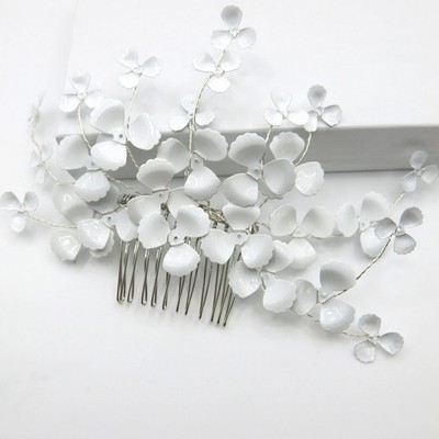 Floating Metal Flower Wedding Hair Comb, Bridal White Floral Silver Wire Hairpin