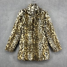 Eliza J Coat Womens Large Brown Faux Fur Animal Print Snap Mid Length Jacket
