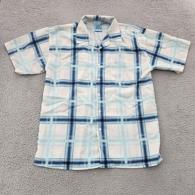 Old Skool Button Front Plaid Shirt Mens 2XL Blue White Short Sleeve Casual