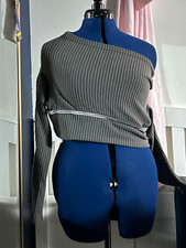 Gray Ribbed One Shoulder Long Sleeve Cropped Knit Top Zip Closure Size S