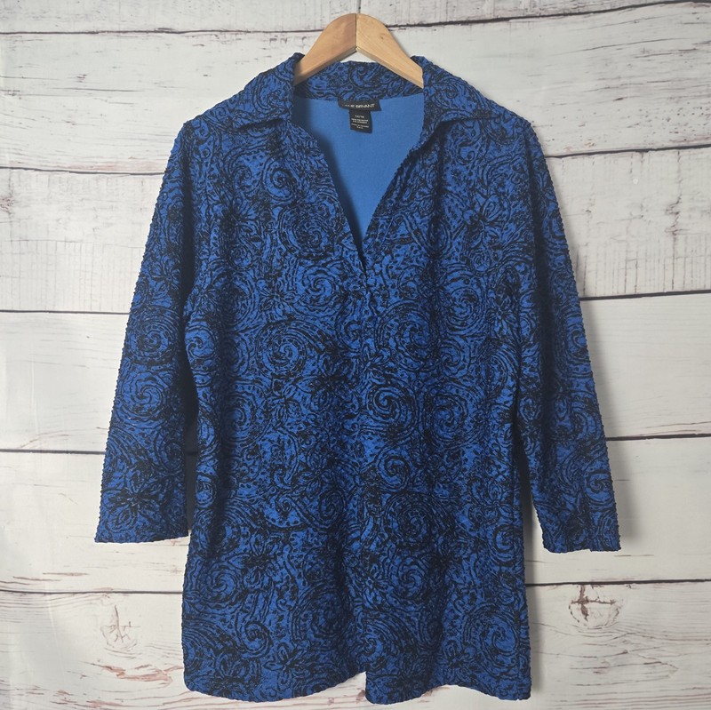 Lane Bryant Womens Top Size 14/16 Blue Collared V- Neck Floral Swirl Casual Work