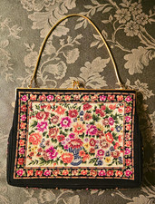 Vintage Petit Point Floral Tapestry Handbag With Gold Kiss Lock