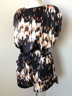 DEREK LAM Cinch Waist Dress SILKY SATIN Black/Bronze/Brown WATERCOLOR PRINT sz S