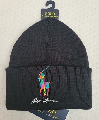 NWT Polo Ralph Lauren Big Pony Colorblock Logo Cotton Black Beanie Hat 