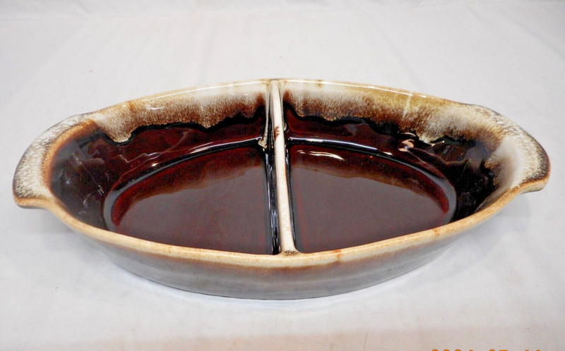 Brown Glaze Drip Divided Serving Dish Bowl USA 14G 12.25" Long Vintage Pottery
