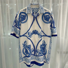 Button Down Shirt Men Fashion Blue and White Vintage Short Sleeve Fashion Shirts