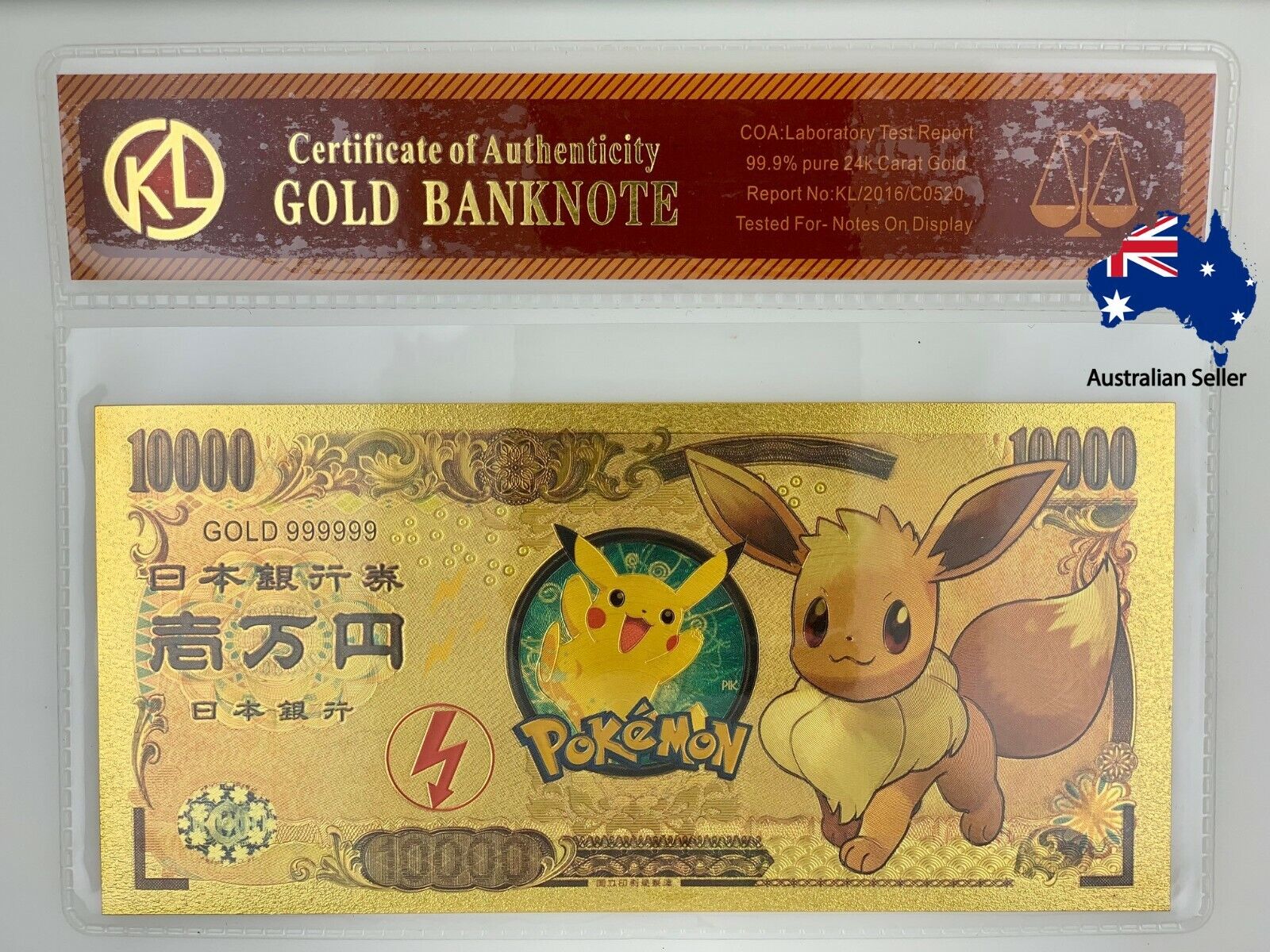 1pc Pokemon Eevee Japanese 10000 Yen Gold Banknote FREE Clear Protector