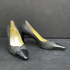 St John Italy Black Sequin High Heel Evening Shoes Rhinestones Womens 7 B Pumps