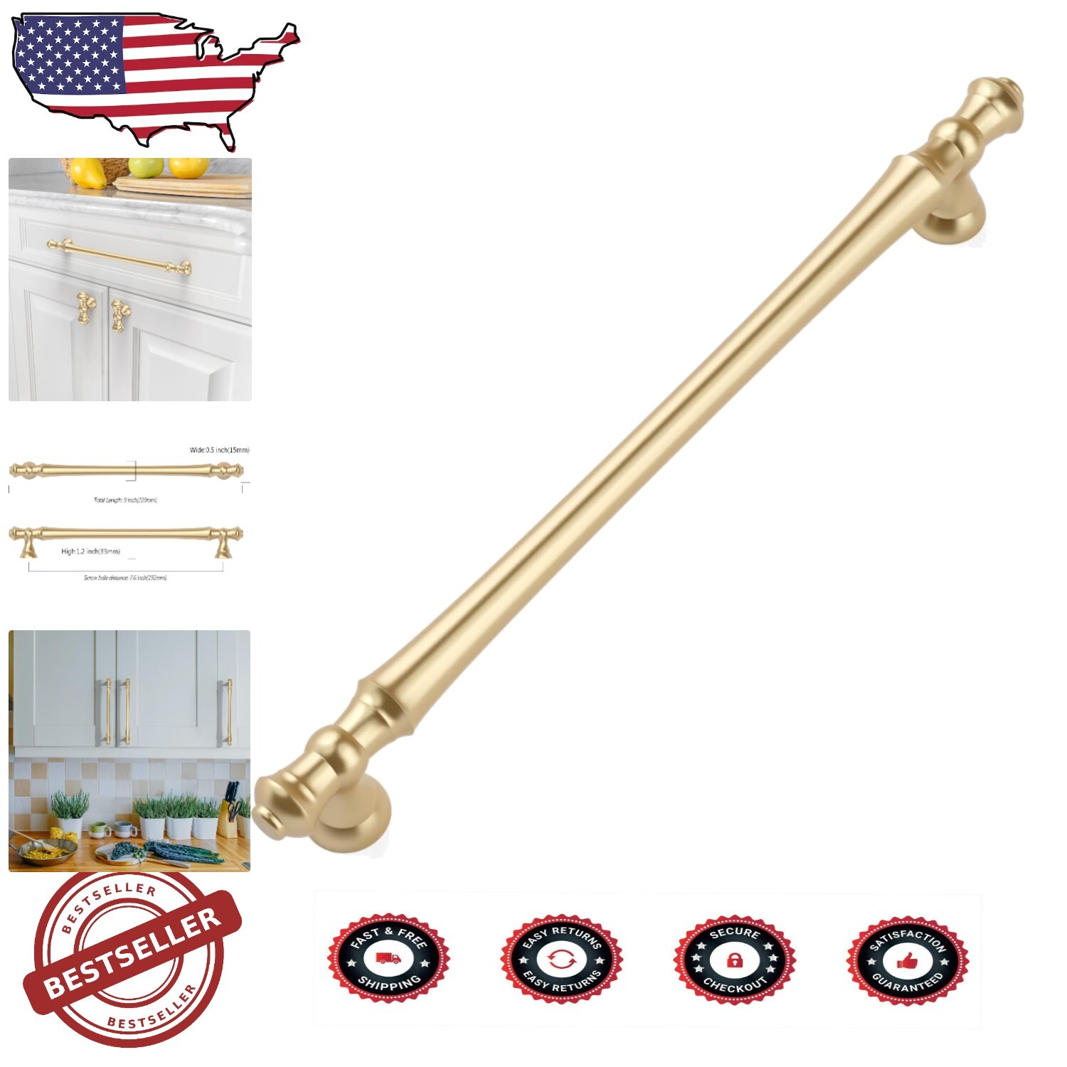 Durable 10-Pack Gold Cabinet Pulls 7.5 Inch for Kitchen & Bathroom Upgrade