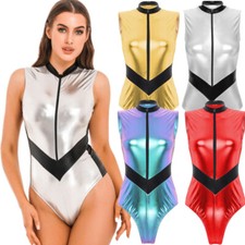 Women's Astronaut Halloween Costumes Shiny Bodysuit One Piece Leotard Catsuit
