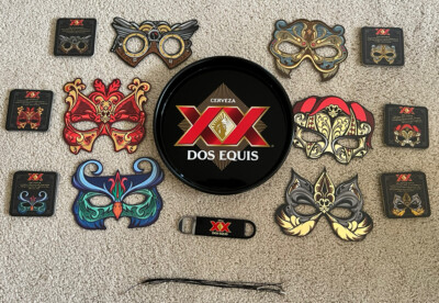Dos Equis  Masquerade Bar Bundle: Masks, Coaster, Bar Tray, Opener RARE. Halloww