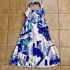White Closet Size M Linen Blend Halter Maxi Dress Blue Abstract Fit Flare Vacay
