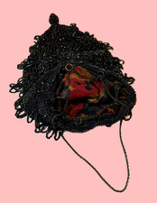 Victorian Black Glass Bead Beggars Bag Drawstring Evening Mourning Purse