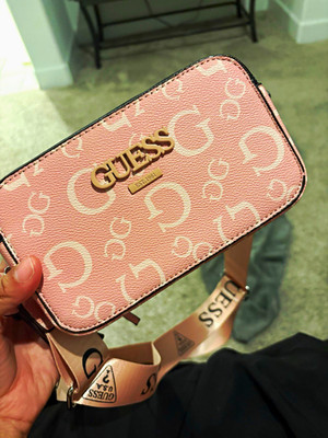 GUESS Women s Pink Logo Print Zip-Around Wristlet Wallet with Wrist Strap
