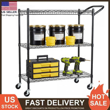 Heavy Duty Utility Cart with Handle 990lbs Capacity Metal 3 Tier Rolling Carts