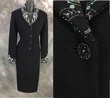 BEAUTIFUL St John evening knit black rhinestones embellished skirt suit 8